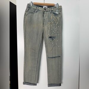 PAIGE Gray Pearl Embellished Skinny Jeans